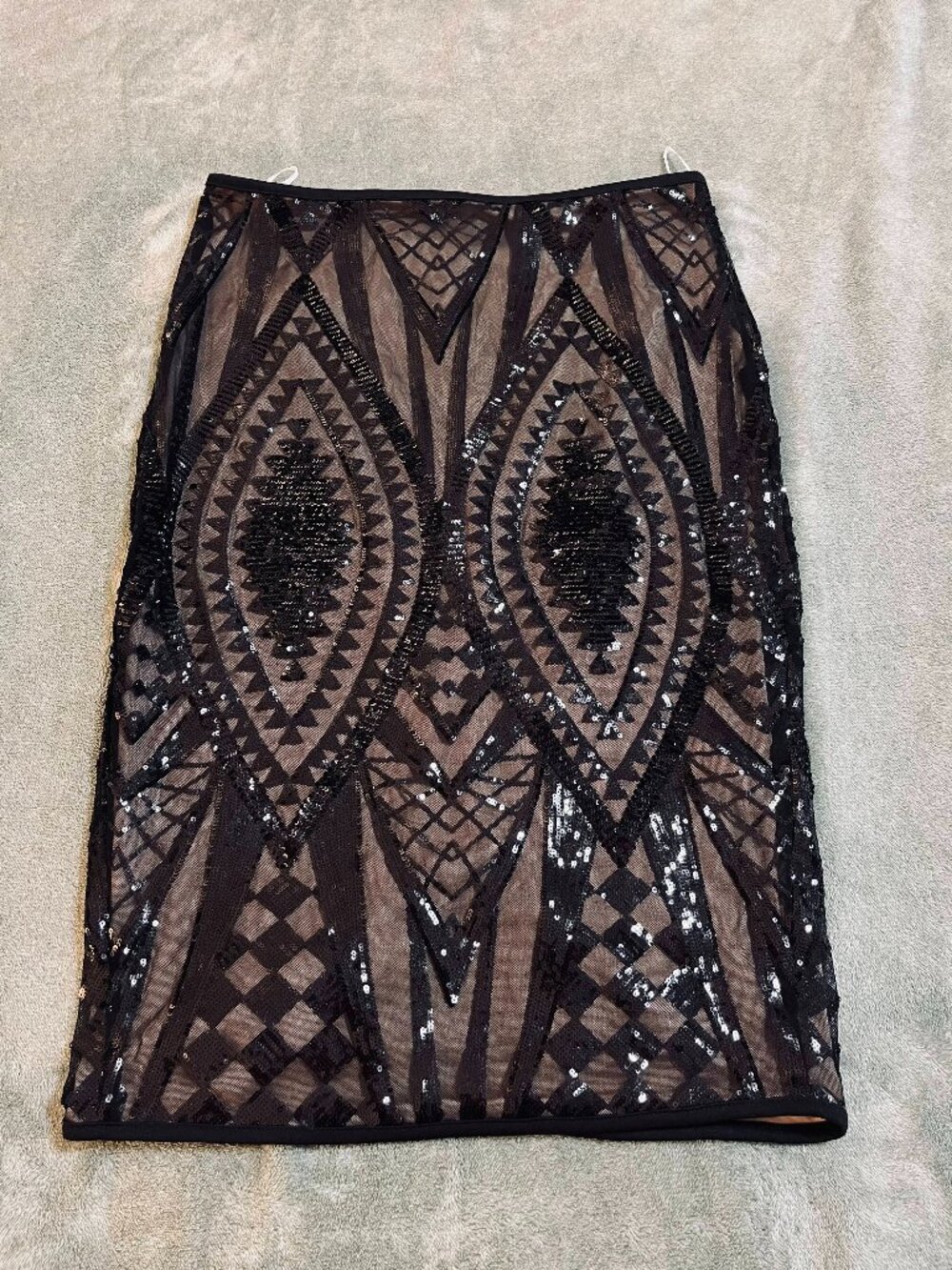 Lulus XL Black Sequin Pencil Skirt Nude Lined Art Deco Gatsby Cocktail Holiday